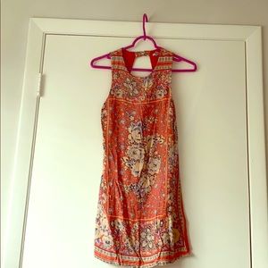 Open back orange floral pattern dress